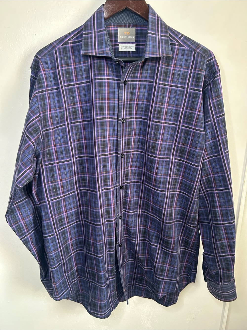 Thomas Dean Men’s Purple Plaid Button-Down Business Casual Cotton Dress Shirt - Picture 7 of 7